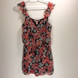 Forever 21 Romper Sz Med Floral Print Ruffle Straps Elastic Waist Lined Pockets